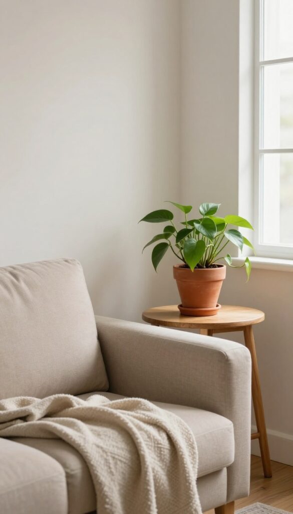 Cozy small living room corner with a trailing pothos plant in a terracotta pot on a wooden side table