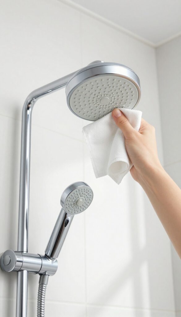 Hand tightening a clean shower head onto a pipe in a bright bathroom