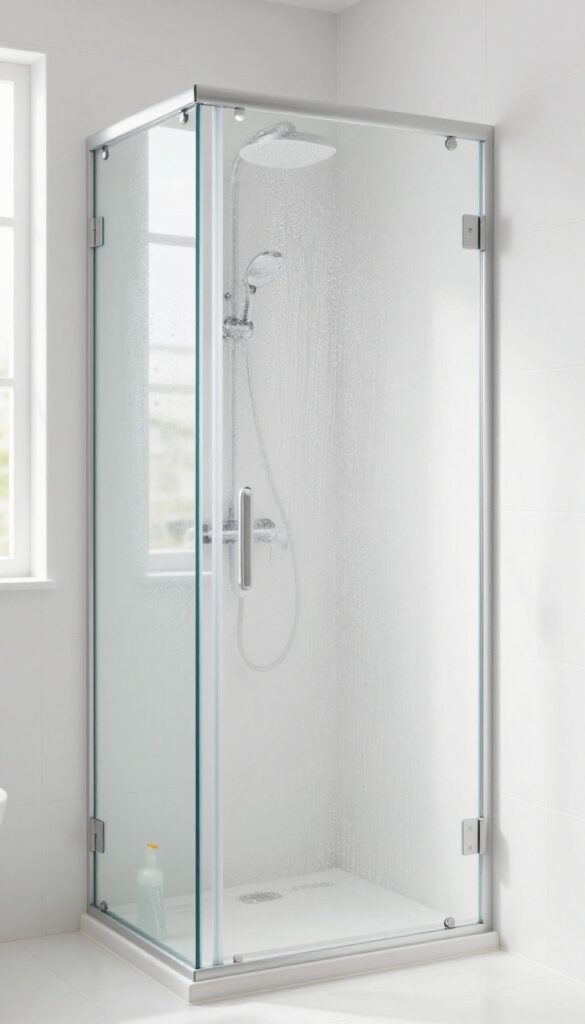 Spraying cleaner on shower walls and glass door to soak before scrubbing