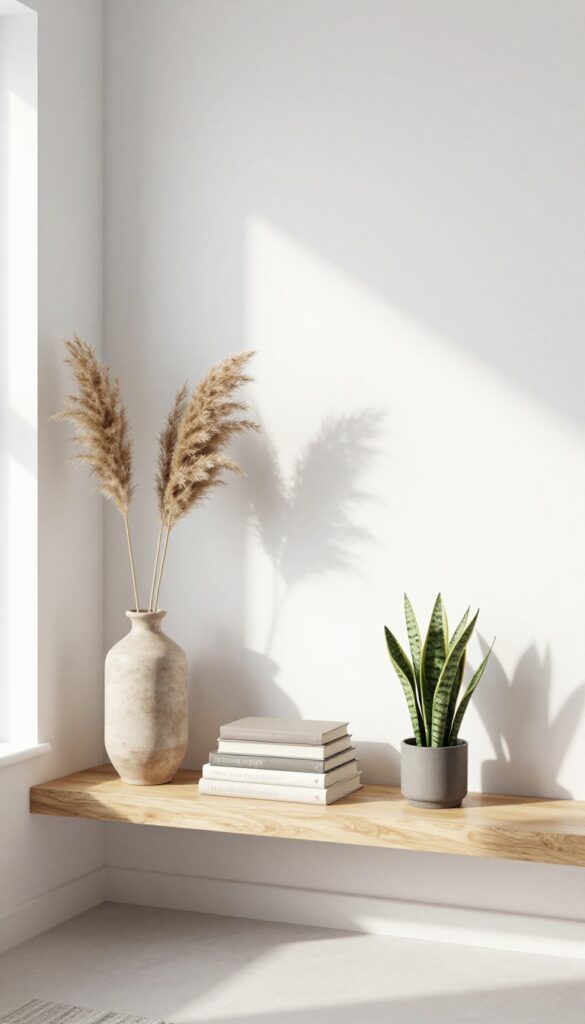 Asymmetrical shelf styling with vase, books, and plant in bright natural light