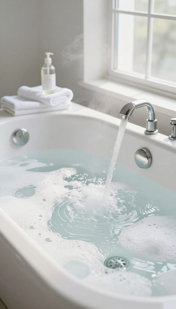 Close-up of a jetted bathtub with running jets, bubbles, and steam in bright natural light