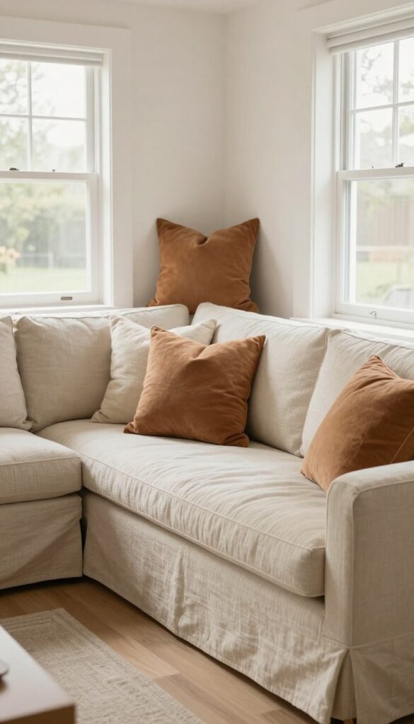 Cozy sunken living room with built-in banquette along the step, featuring plush cushions and pillows in warm tones, natural light, and an airy layout.