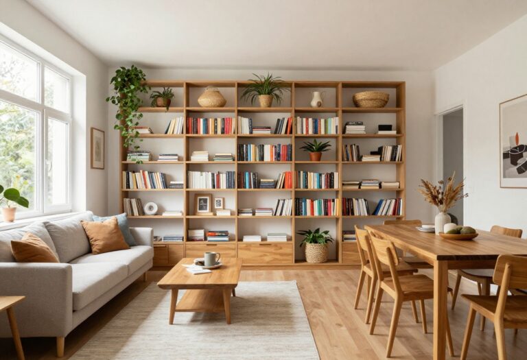 Open-plan living and dining room with a wooden bookshelf partition dividing the spaces, filled with books and plants.