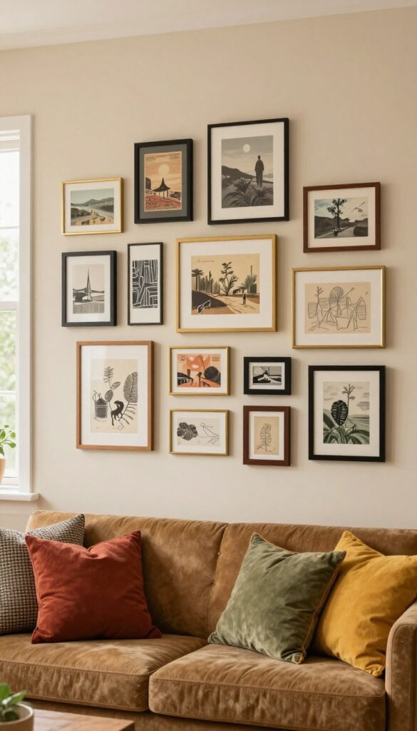 Bohemian gallery wall with mismatched thrifted frames and art in warm tones