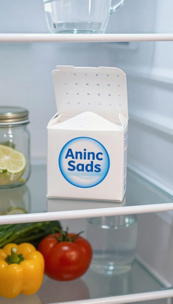 Open box of baking soda on a clean refrigerator shelf surrounded by fresh food items
