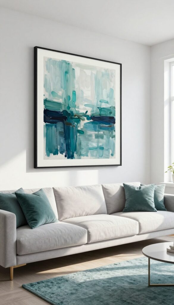 Teal abstract painting on white wall in bright living room with teal accents