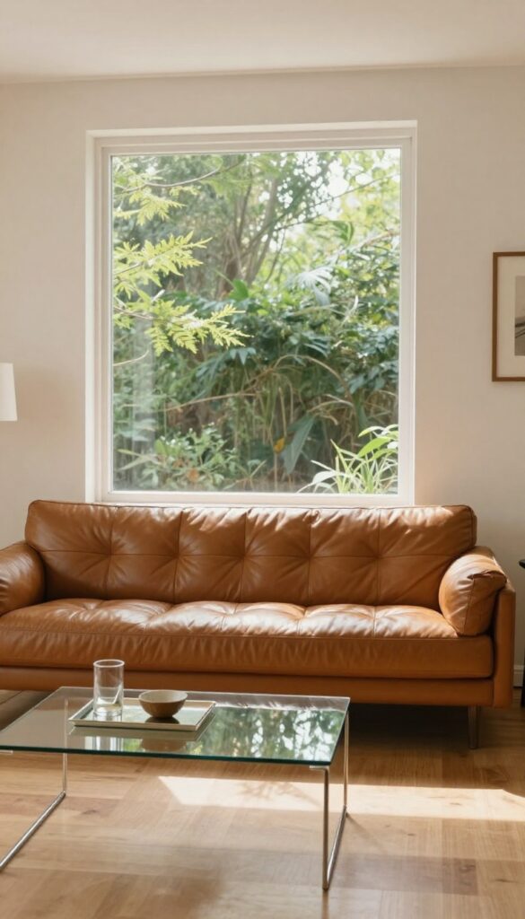Small living room with cognac leather couch, large leaning mirror, and glass coffee table reflecting light.