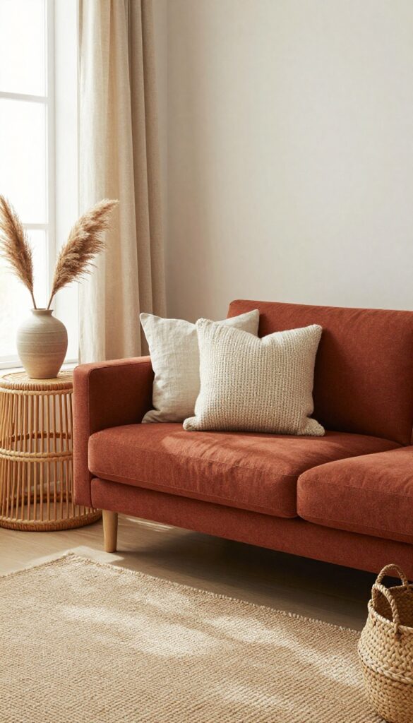 Rust sofa with natural textures like rattan, linen, and sisal in a bright living room
