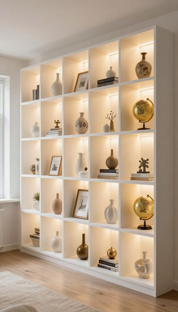 A row of illuminated Ikea Eket cubes on a wall displaying collectibles with warm LED lighting in a modern living room.