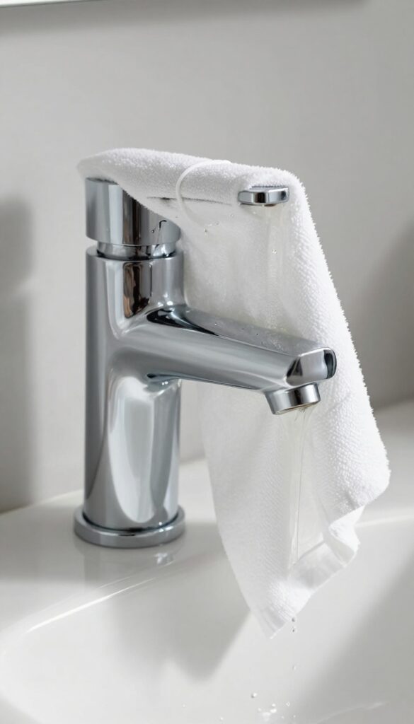 Faucet wrapped in vinegar-soaked cloth for cleaning hard water deposits