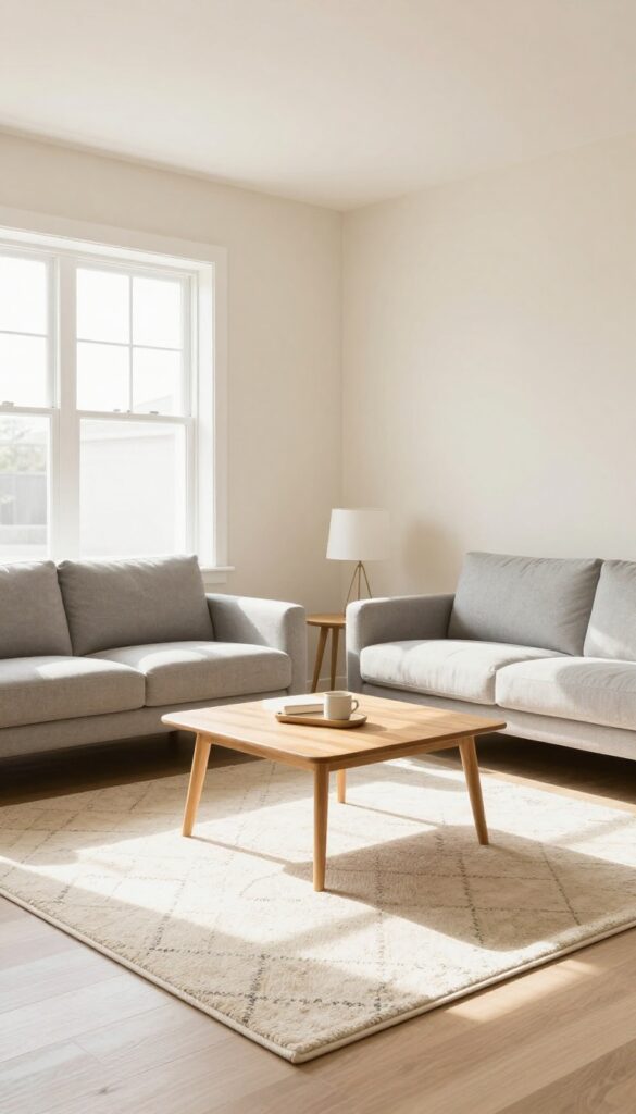 A spacious mobile home living room with a large cream area rug defining the seating area, featuring a light gray sofa, wooden coffee table, and armchairs, all bathed in soft natural light.