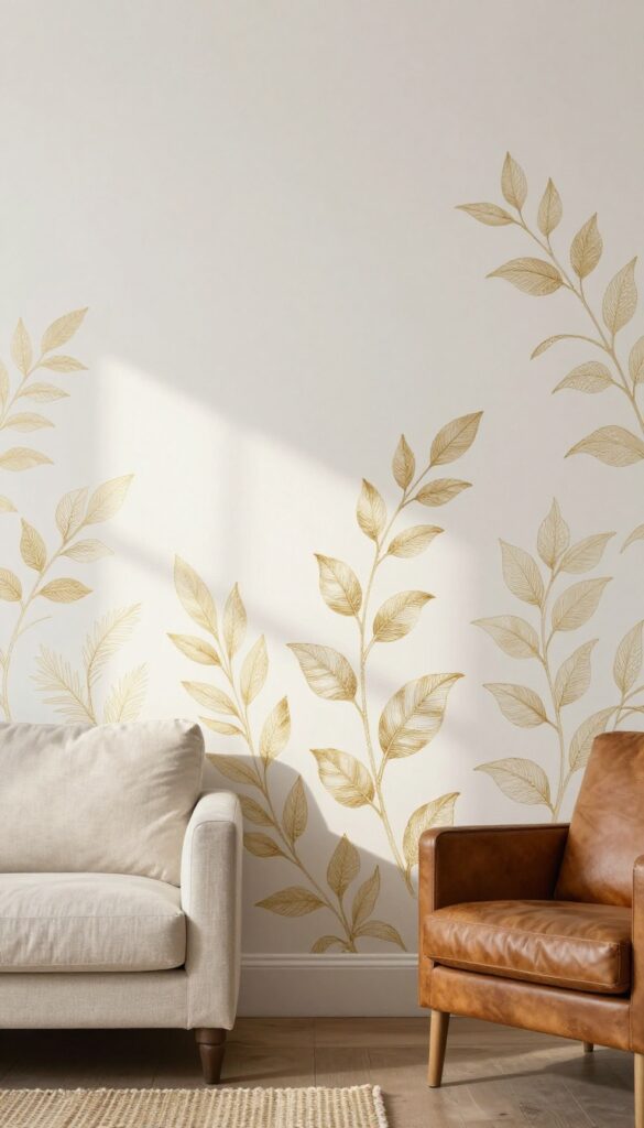 Close-up of a stenciled botanical pattern wall in a cozy living room with natural textures and soft light.