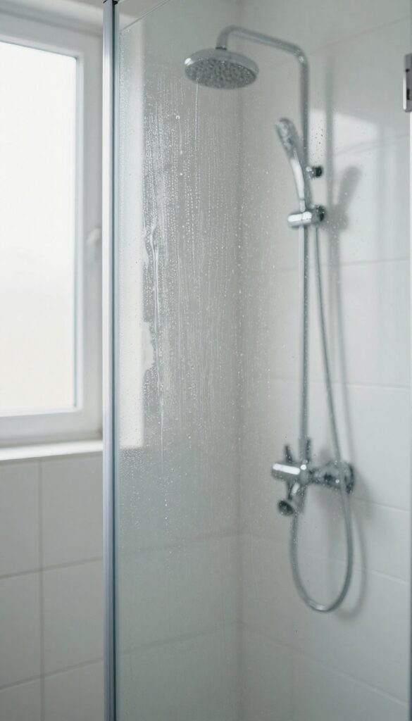 Spraying cleaning solution on a glass shower door with visible droplets and natural light
