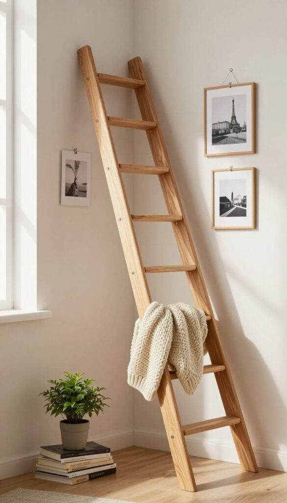 Cozy living room corner with wooden ladder display holding framed photos and a knit throw, plant and books at base, warm natural light.