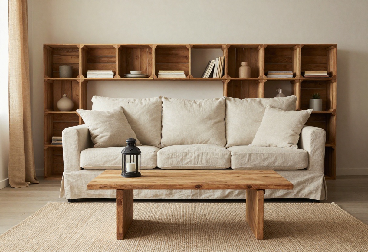 Cozy primitive living room with linen sofa, wooden crates, braided rug, and lantern