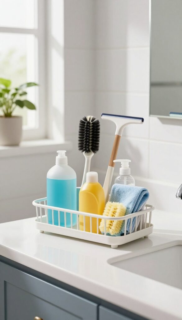 Cleaning caddy stocked with supplies on a bathroom counter