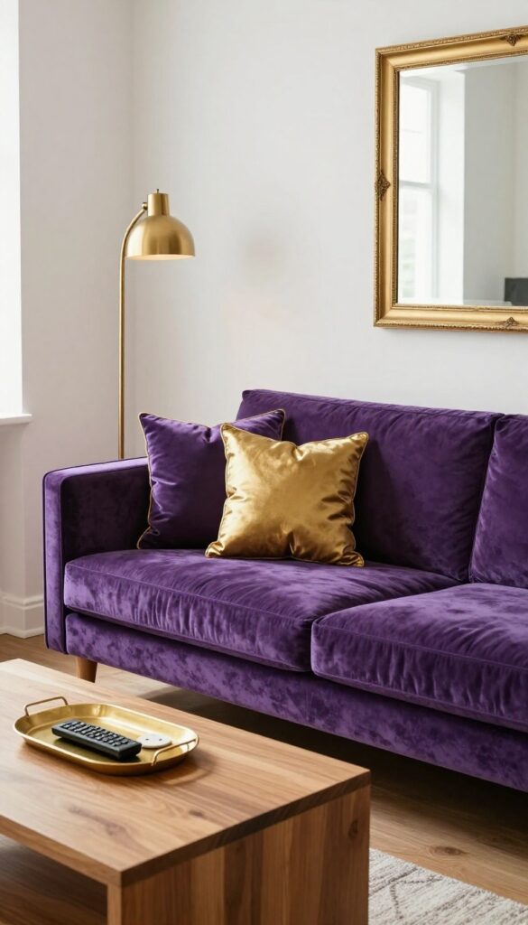 Purple velvet sofa with gold and brass accents, floor lamp, and coffee table tray in a bright living room.