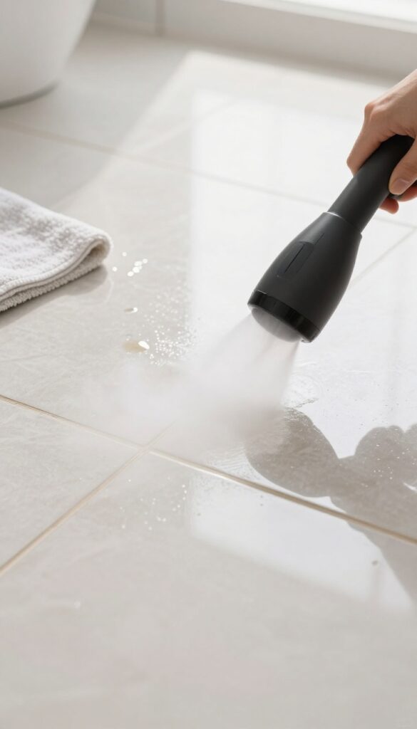 Steam cleaner cleaning grout on tile floor