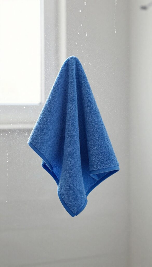 Person wiping a wet shower wall with a microfiber cloth to prevent water spots
