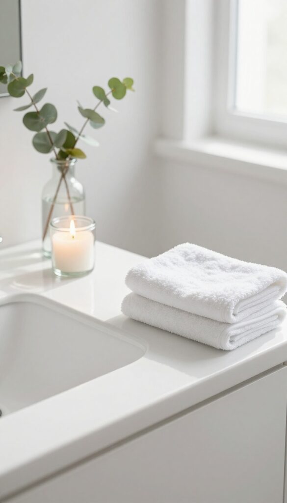 Clean bathroom with candle, eucalyptus, and folded white towels on a bright countertop