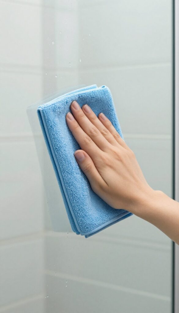 Hand holding a blue microfiber cloth against a streak-free glass shower door