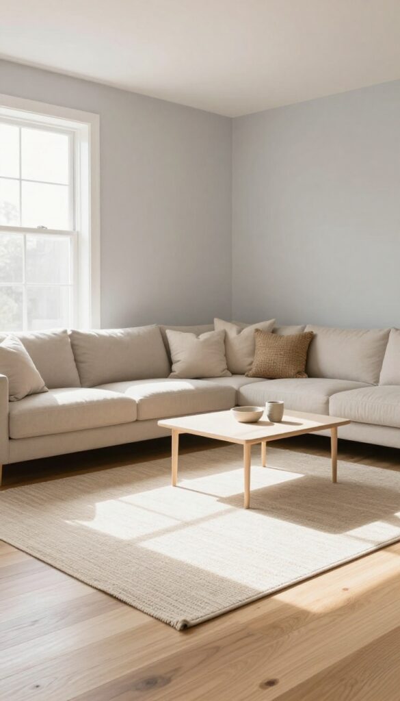 Small living room with a monochrome beige rug blending into light hardwood floors, creating a seamless spacious look.