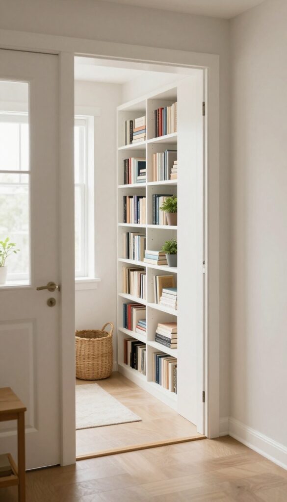 Narrow bookcase tucked behind an open door in a small living room, with books and a plant on shelves, bright natural light.