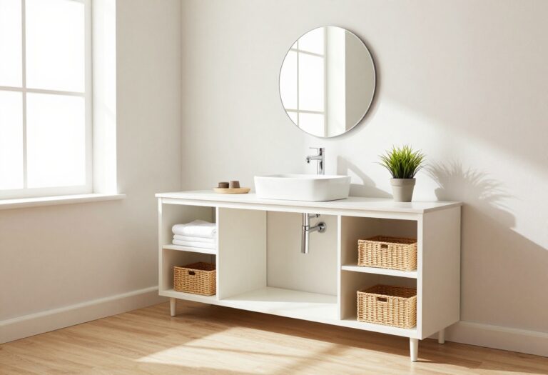 Modern living room corner with a floating vanity and vessel sink, styled with storage baskets and a mirror.