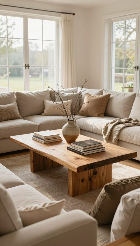 Sunken living room with a live-edge wood coffee table as focal point, surrounded by cozy seating and natural light.
