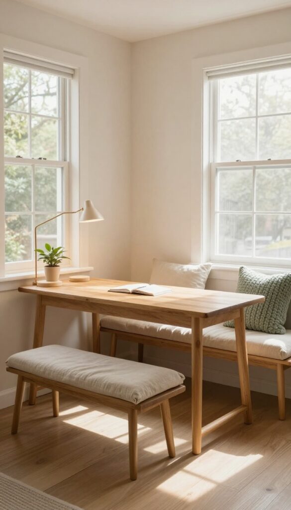 Desk with bench seat for two in a bright living room