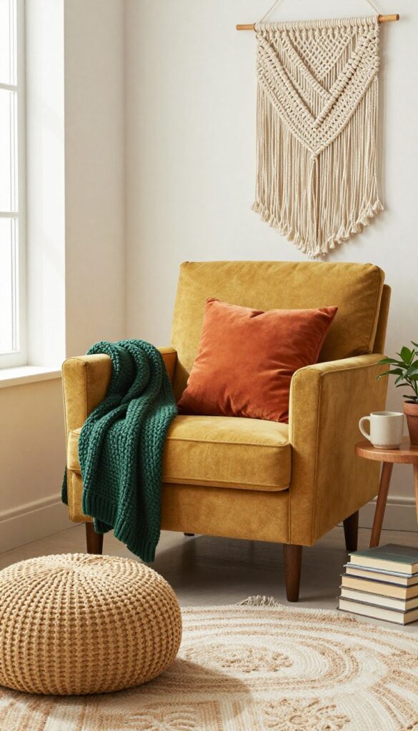 A cozy bohemian reading nook with a secondhand armchair, pouf, and warm layered textiles.