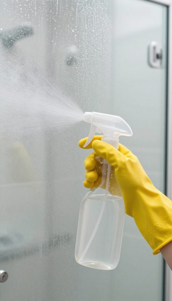 Hand in yellow rubber glove spraying homemade vinegar and dish soap cleaner onto a glass shower door.