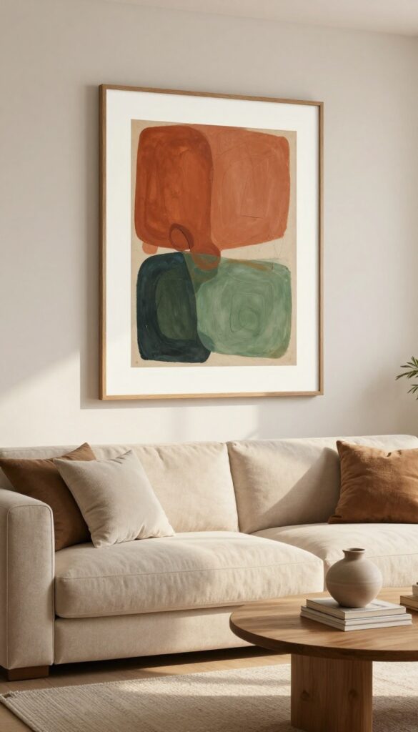Warm living room with a large abstract painting in earthy tones above a beige sofa, natural light, and cozy decor.