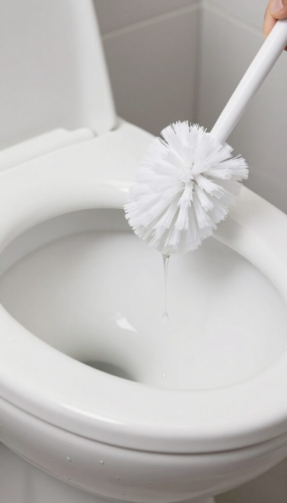 Close-up of a toilet brush with vinegar cleaning under the rim of a white toilet bowl