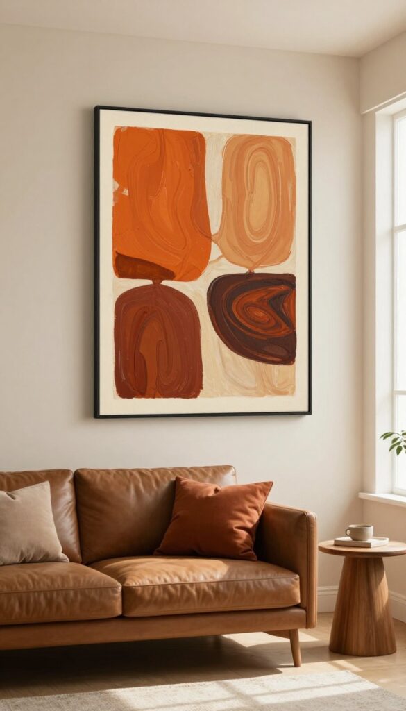 A cozy living room with a large abstract orange and brown artwork as the focal point, complemented by a leather sofa and matching pillows.