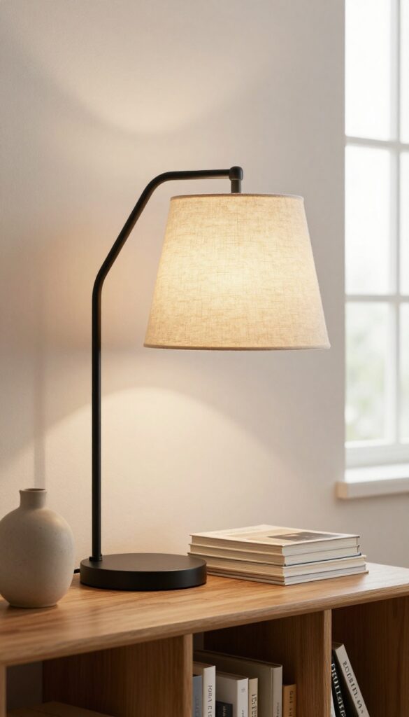 Clip-on lamp attached to a bookshelf, lighting books and decor