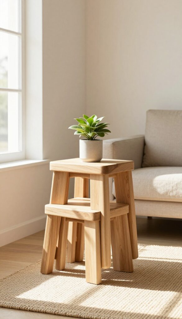 Stack of three wooden stools next to a bookshelf in a bright living room