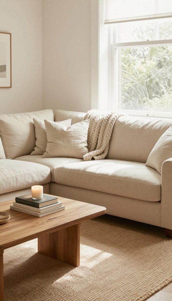 Cozy living room with furniture arranged for conversation, sofa and armchairs facing inward around a coffee table, natural light, warm tones.