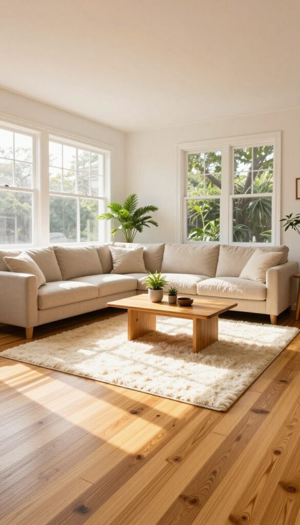 Bright living room with warm bamboo flooring, cream rug, and cozy seating area