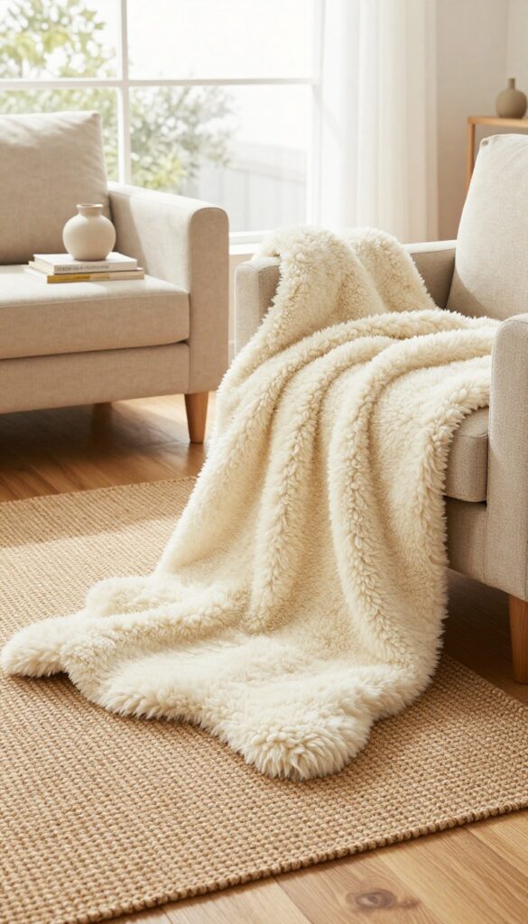 Warm living room with sheepskin rug draped over armchair and layered on jute rug, soft natural light, neutral tones