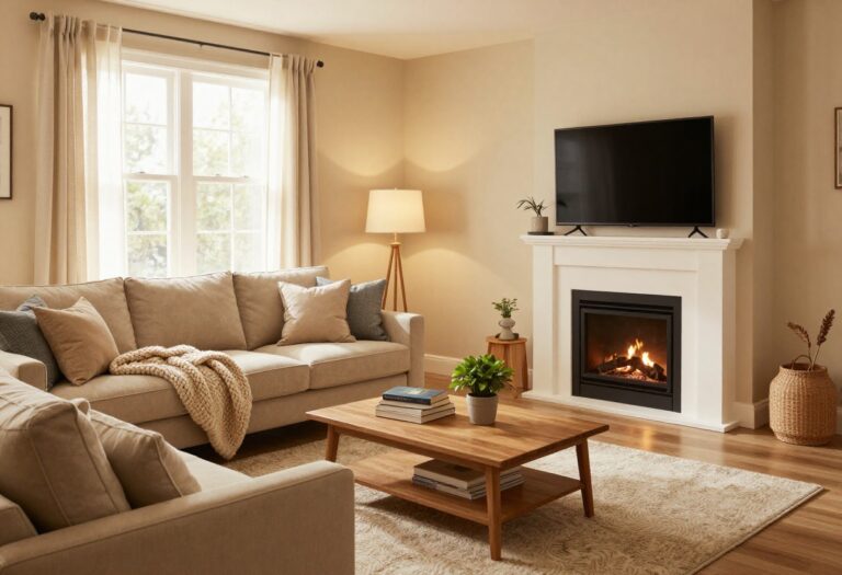 Cozy Sims 4 living room with warm decor, layered rugs, soft lighting, and a fireplace