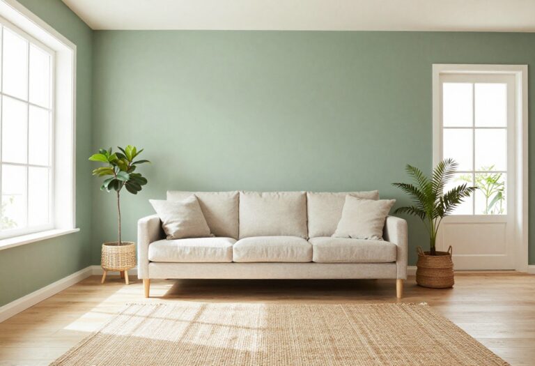 Sage green accent wall in a bright living room with beige sofa and plants