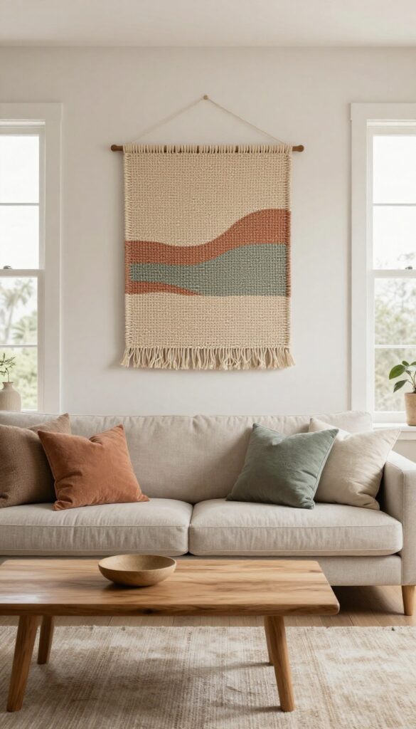 Cozy living room with a large woven tapestry wall hanging in earthy tones above a sofa, natural light, layered textures.