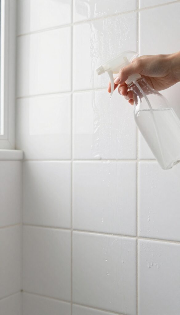 Spraying cleaner on shower tiles with visible droplets and wet surface