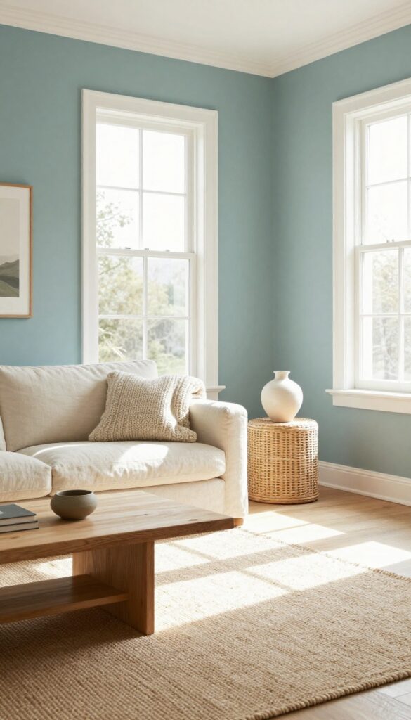 Misty aqua living room with coastal calm, natural light, white trim, wood furniture, and textured decor