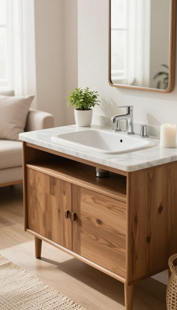 Marble-topped vanity with closed storage in a bright living room, featuring a ceramic basin, warm wood cabinet, plant, and candle.