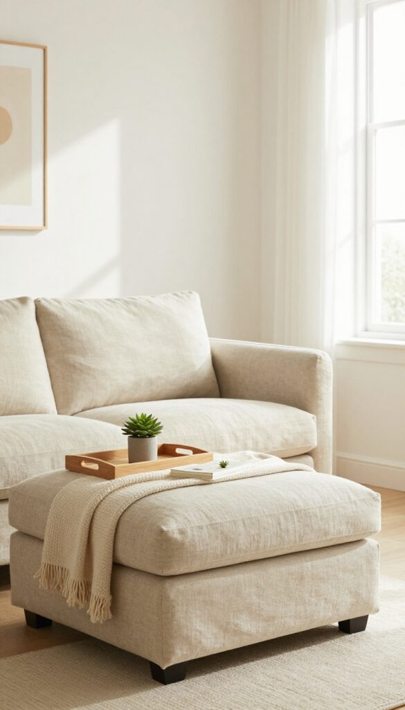 Small living room with beige sofa and matching ottoman, tray on ottoman, throw blanket, natural light