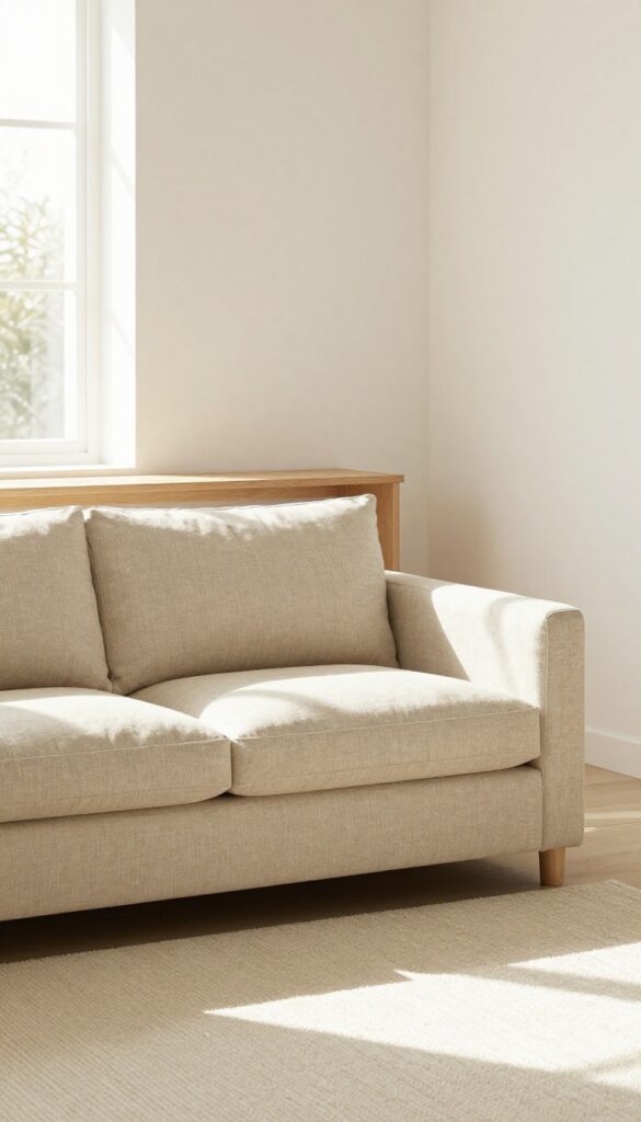 Small living room with low-profile beige sofa, slim console table, light rug, and natural sunlight