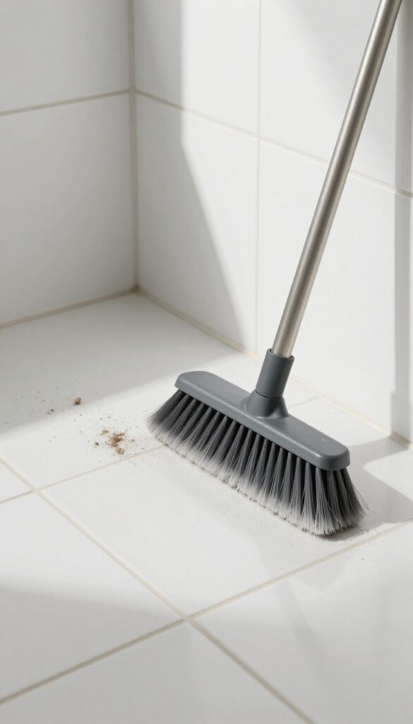 Dry sweeping bathroom tiles with a soft-bristle broom, bright natural light, clean and photorealistic