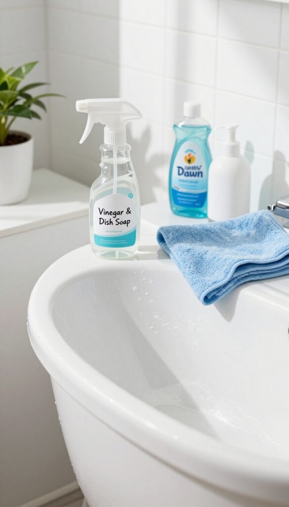 Spray bottle of vinegar and dish soap on bathtub edge with cleaning cloth